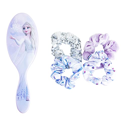 Disney Frozen 2 Anna & Elsa Hair Accessory 5 Pcs Set - 1 Large Elsa Hair Brush For Girls + 4 Elsa Scrunchies For Kids - Hair Accessories For Girls - Detangling Brush - Elastic Hair Ties Ropes Scrunchie