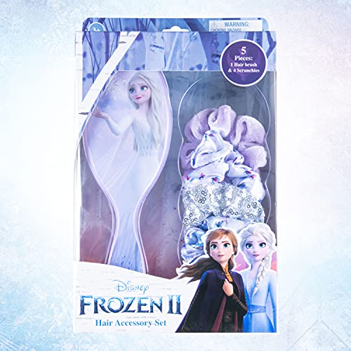 Disney Frozen 2 Anna & Elsa Hair Accessory 5 Pcs Set - 1 Large Elsa Hair Brush For Girls + 4 Elsa Scrunchies For Kids - Hair Accessories For Girls - Detangling Brush - Elastic Hair Ties Ropes Scrunchie