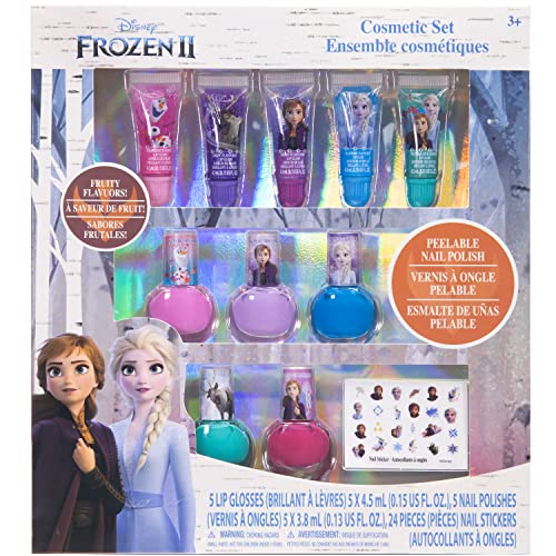 Disney Frozen 2 - Townley Girl Super Sparkly Cosmetic Makeup Set for Girls with Lip Gloss Nail Polish Nail Stickers - 11 Pcs|Perfect for Parties Sleepovers Makeovers| Birthday Gift for Girls 3 Yrs+