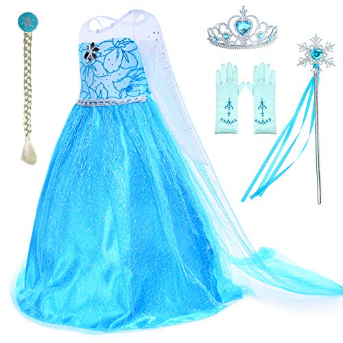 Party Chili Princess Costumes Birthday Party Dress Up for Little Girls with Wig,Crown,Mace,Gloves Accessories 4T 5T (120cm)